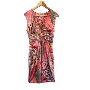 Linda Segal Pink Leopard & Snakeskin Print Bodycon Silky Knit Stretch Dress M